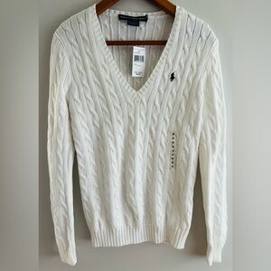 NWT Ralph Lauren Sport White Cable Knit V-Neck Sweater Size M